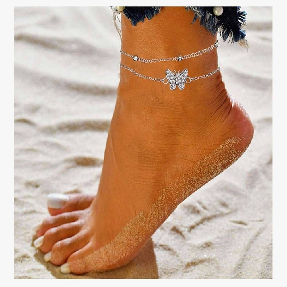 Crystal Butterfly Anklet, double strand, silver tone, adjustable, EUC